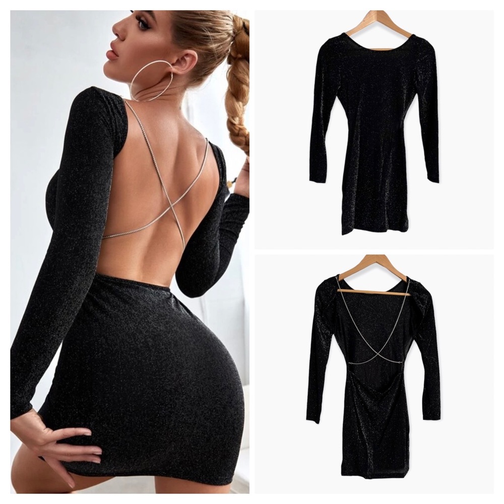 NEW Shein Crisscross Backless Black Glitter Bodycon Mini Dress